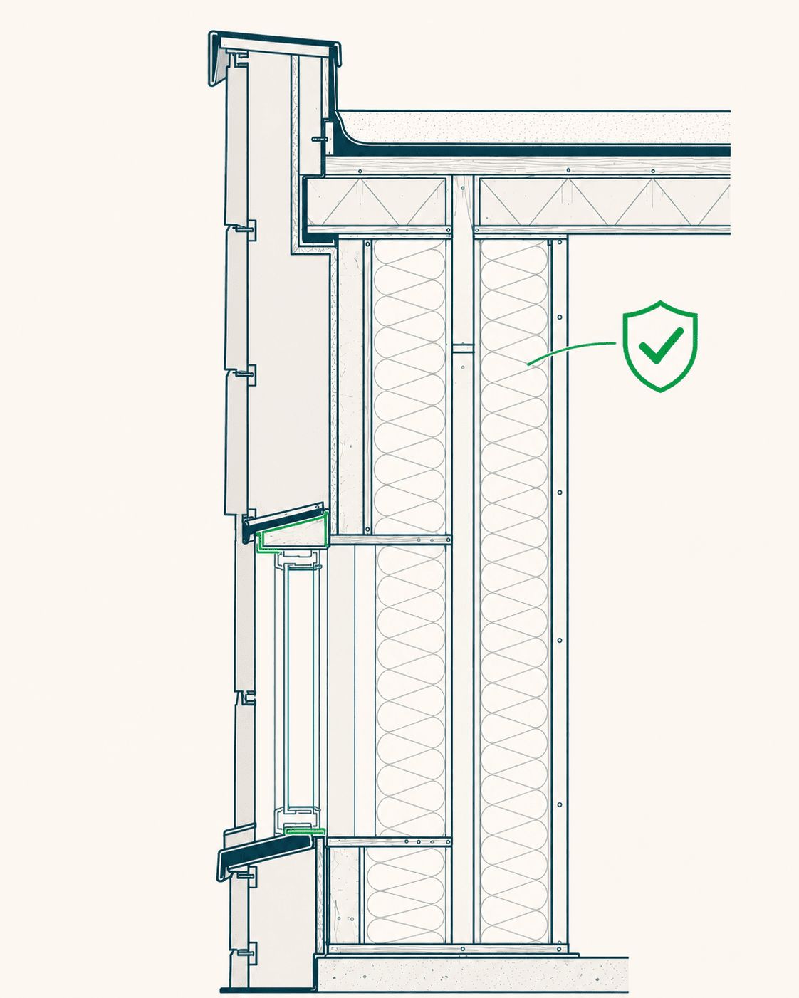 Cross-section of an exterior wall with siding, a window frame and insulated wall cavities, marked with a green shield and check mark for a sealed, well-insulated building envelope.