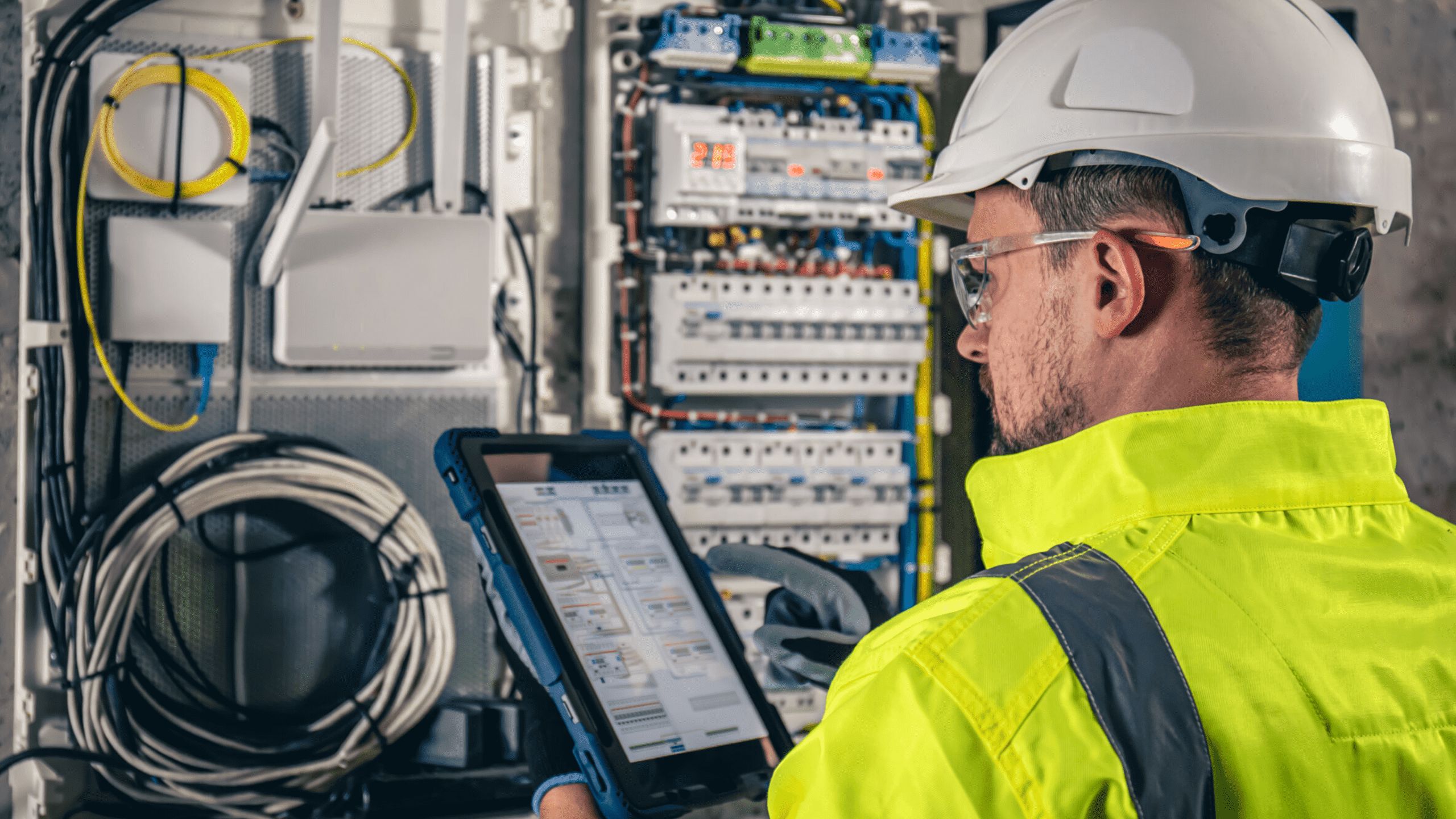 A person wearing a hard hat, safety glasses, and a high-visibility jacket holds a tablet while inspecting electrical panels and wiring inside an industrial control cabinet, ensuring all systems align with greenlink safety standards.