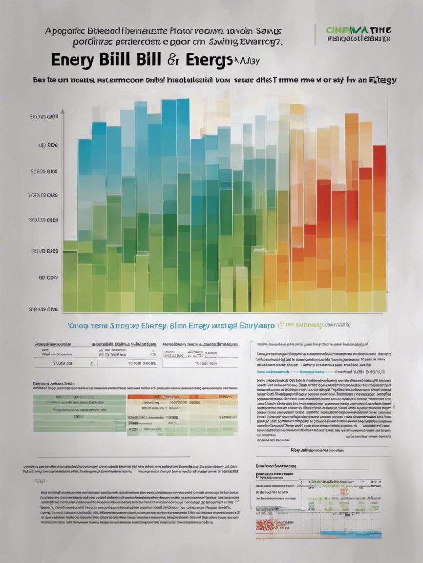 An energy bill and savings report: a bar chart of monthly costs shading from green to orange and red, above tables of charges and incentive details.