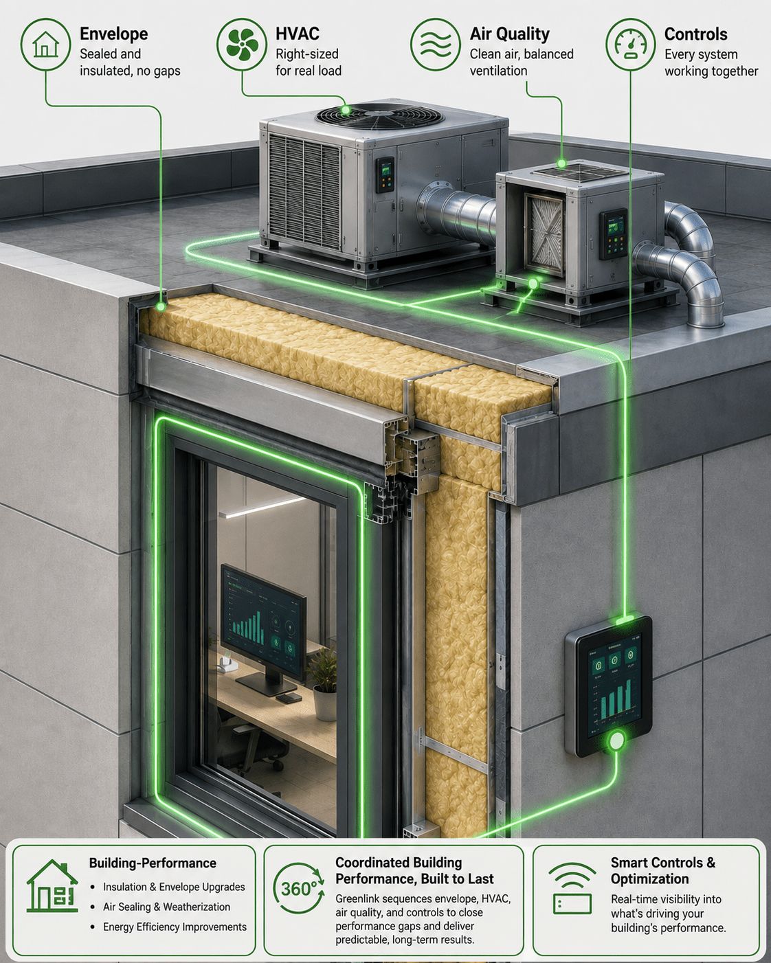 Cutaway of a commercial building with a sealed, insulated envelope, rooftop HVAC and air-quality units and a smart controls panel linked by green lines, with callouts for envelope, HVAC, air quality and controls working together.
