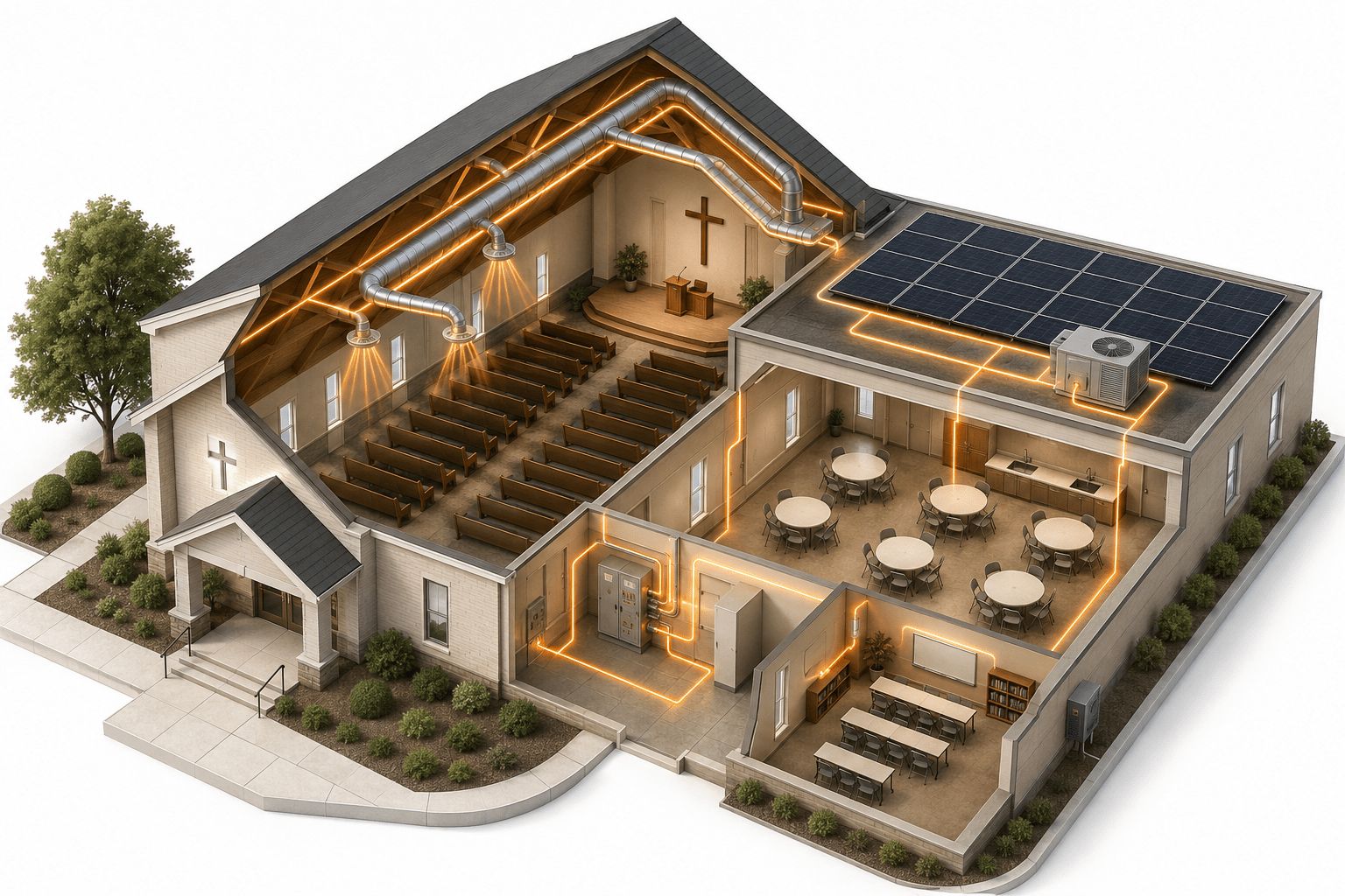 Cutaway of a church with rooftop solar, battery storage and efficient heating and cooling, linked by glowing energy lines.