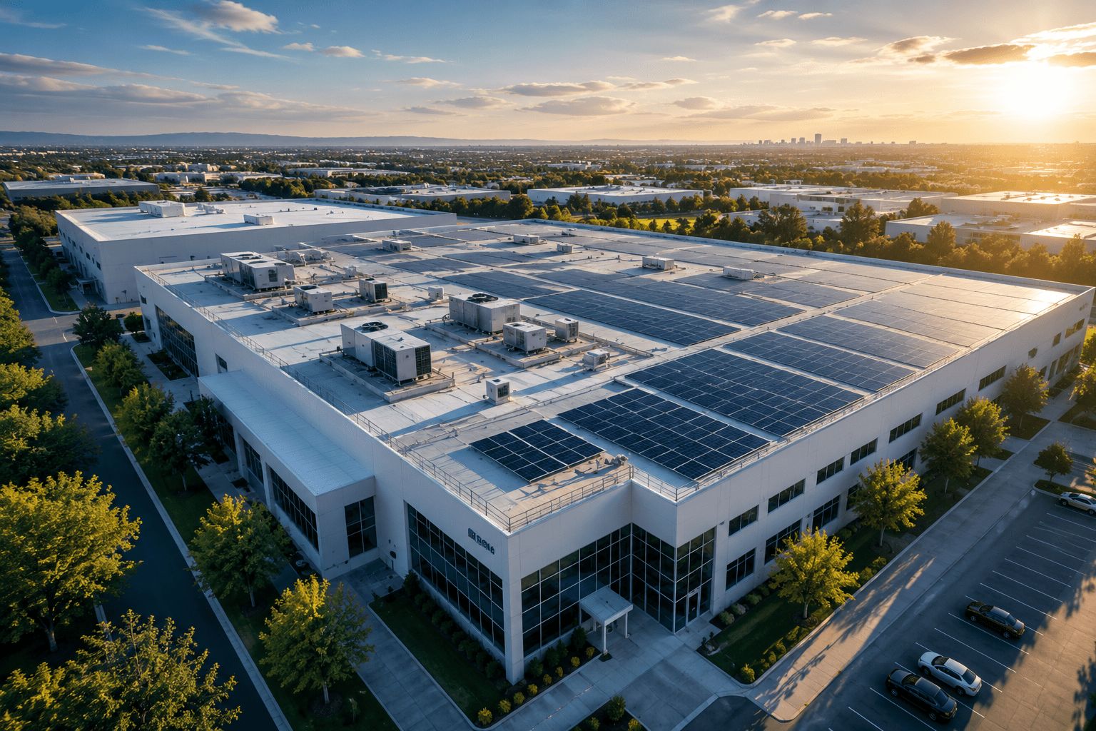 A large industrial facility with solar panels covering the roof, surrounded by trees and parking lots, at sunset with a city skyline visible in the distance. This site in Rockford, Illinois may also incorporate battery storage solutions to enhance energy efficiency.