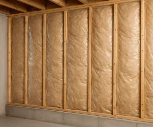 A basement wall with exposed wooden framing, filled with brown insulation covered by clear plastic sheeting; greenlink ties secure the structure above a visible concrete floor and partial concrete wall at the bottom.