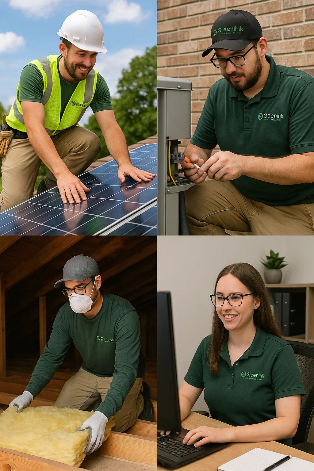 A collage of four people in work uniforms: one installing solar panels for Greenlink, one wiring electrical equipment, one handling insulation while wearing a mask, and one working at a computer in an office.