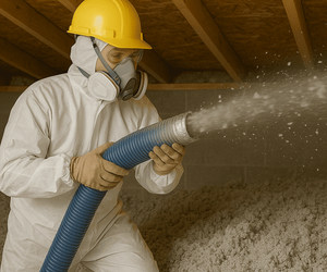 A worker wearing protective gear, including a hard hat, gloves, and a respirator, uses a large hose to spray Greenlink loose insulation into an unfinished attic space.
