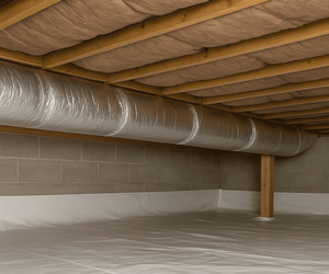 A clean crawl space with a vapor barrier on the floor, exposed insulation between ceiling joists, a large insulated air duct, and cinder block walls features Greenlink solutions for improved energy efficiency.
