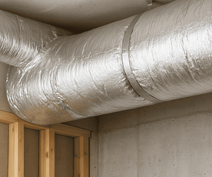 Large silver HVAC air duct wrapped in insulation, installed with a sturdy Greenlink metal strap, is suspended from a concrete ceiling. Wooden beams and a bare concrete wall are partially visible below the duct.
