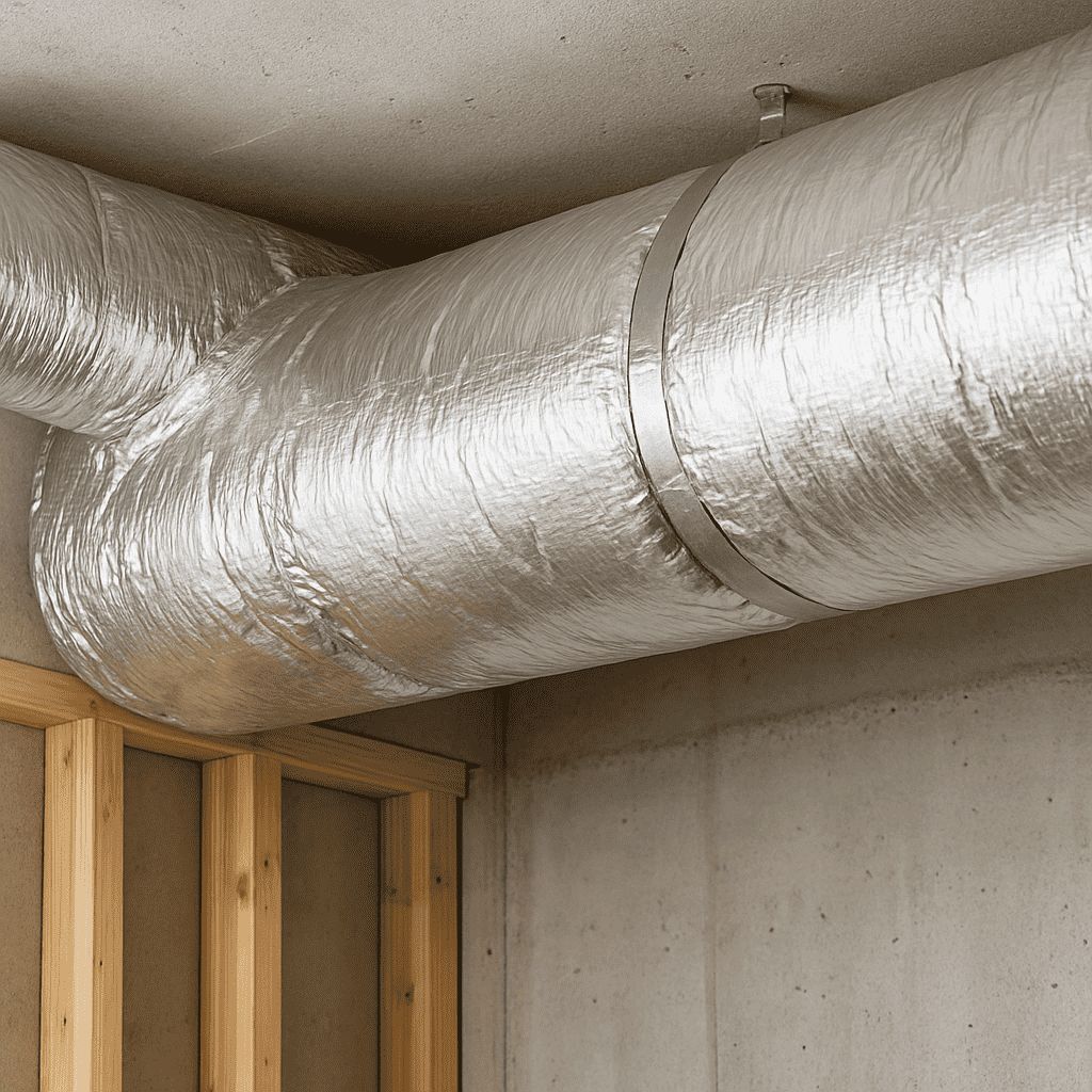 Large silver HVAC air duct wrapped in insulation, installed with a sturdy Greenlink metal strap, is suspended from a concrete ceiling. Wooden beams and a bare concrete wall are partially visible below the duct.