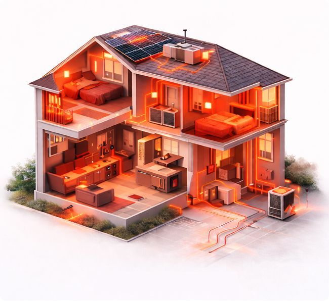 Cutaway view of a modern two-story industrial facility showing rooms and heating, cooling, and electrical systems highlighted in orange. Commercial solar panels are on the roof and an HVAC system is outside.