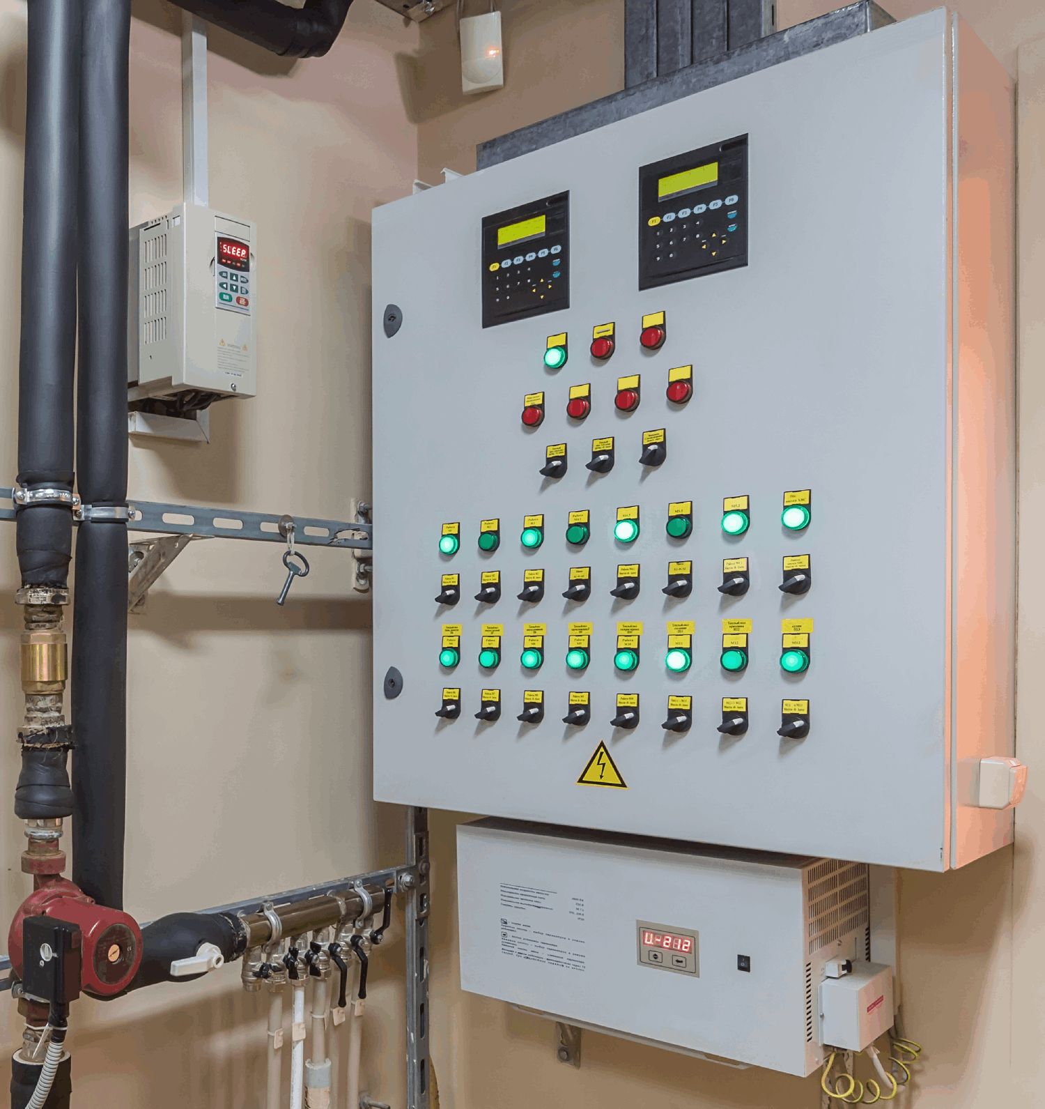 A control panel with numerous illuminated buttons, switches, and digital displays is mounted on a wall. Nearby pipes and electrical equipment suggest an industrial or HVAC utility setting.