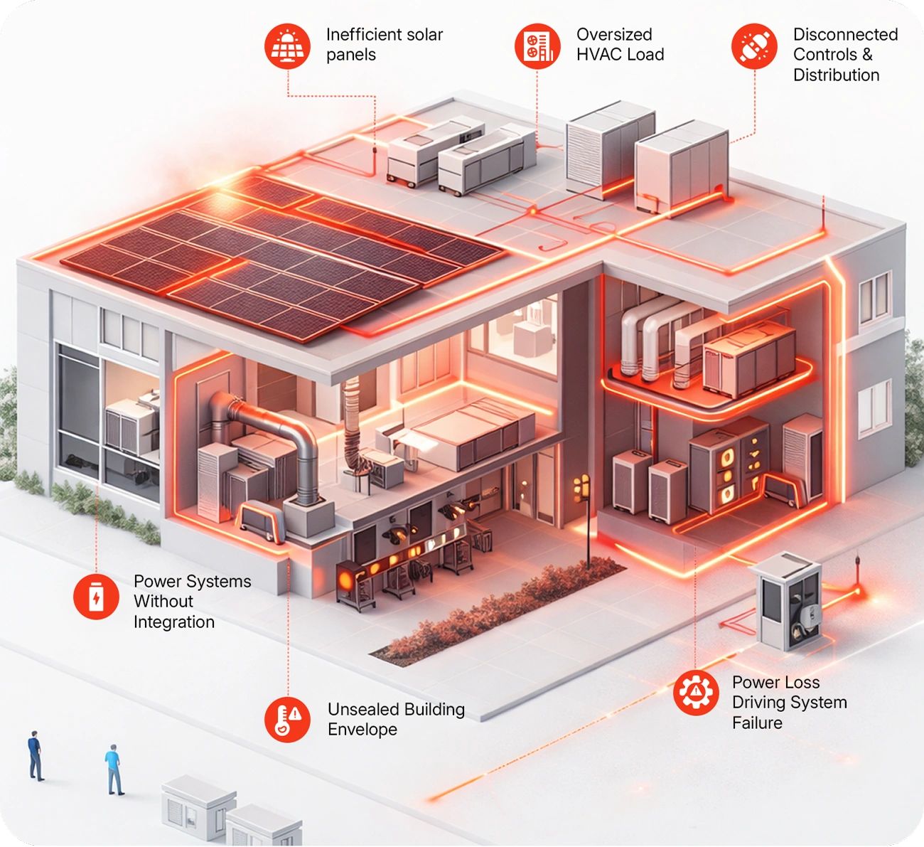 A building cutaway of an industrial facility highlights energy inefficiencies: inefficient commercial solar panels, oversized HVAC, disconnected controls, power systems without integration, unsealed envelope, and power loss from a system failure.