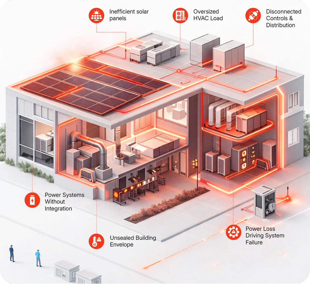 Diagram of a modern industrial facility in Rockford, Illinois, highlighting energy problems: inefficient solar panels, oversized HVAC, disconnected controls, unsealed envelope, unintegrated power systems, and power loss driving system failure—key issues identified during an energy audit.