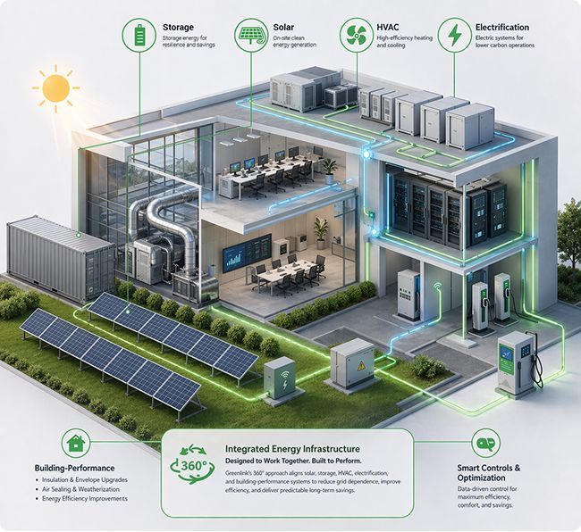 Cutaway illustration of a modern commercial building in Rockford, Illinois, featuring commercial solar panels, battery storage, HVAC systems, electric vehicle charging, and labeled infrastructure elements connected by green and blue lines to show integrated energy solutions.