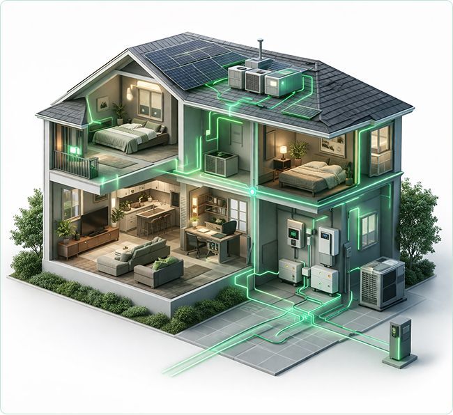 A cutaway of a modern two-story industrial facility shows green lines illustrating smart energy systems, solar panels on the roof, and connected appliances, battery storage, HVAC, and an electric vehicle charging station.