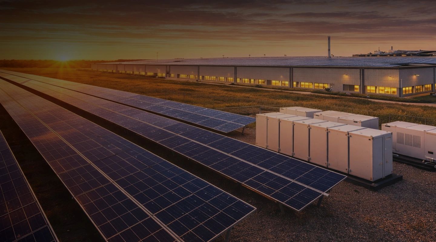 Rows of solar panels and white energy storage units sit beside a large industrial building at sunset, with warm light glowing from the windows.