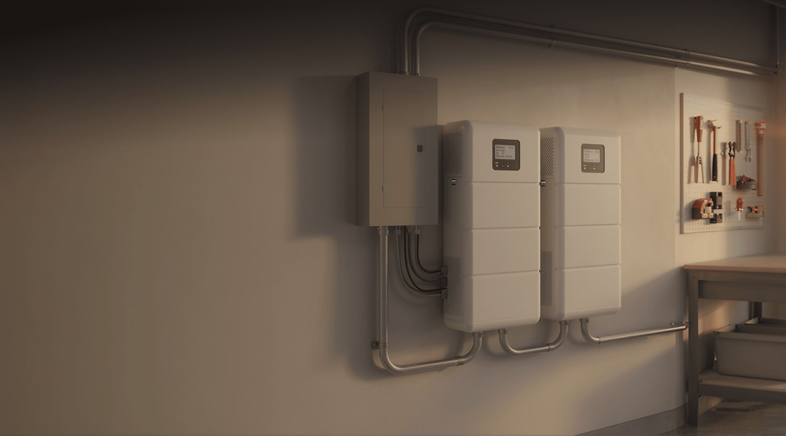 Two white battery storage units and an electrical panel are mounted on a wall with exposed metal conduit. Nearby, a workbench and organized tools hang on a pegboard. The room in this Rockford, Illinois facility is clean and well-lit, creating an efficient environment for equipment maintenance or conducting an energy audit.