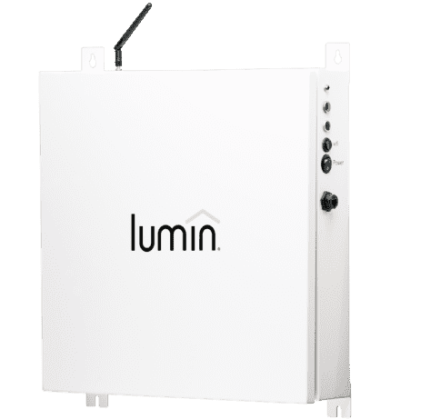 A Lumin smart energy controller: a white wall-mounted enclosure with a wireless antenna and status lights.
