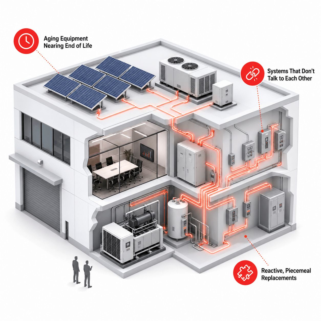 3D cutaway of a commercial building shows solar panels, HVAC, and electrical systems with red lines connecting equipment. Callouts highlight aging equipment, disconnected systems, and piecemeal reactive replacements, emphasizing the need for an integrated energy infrastructure.