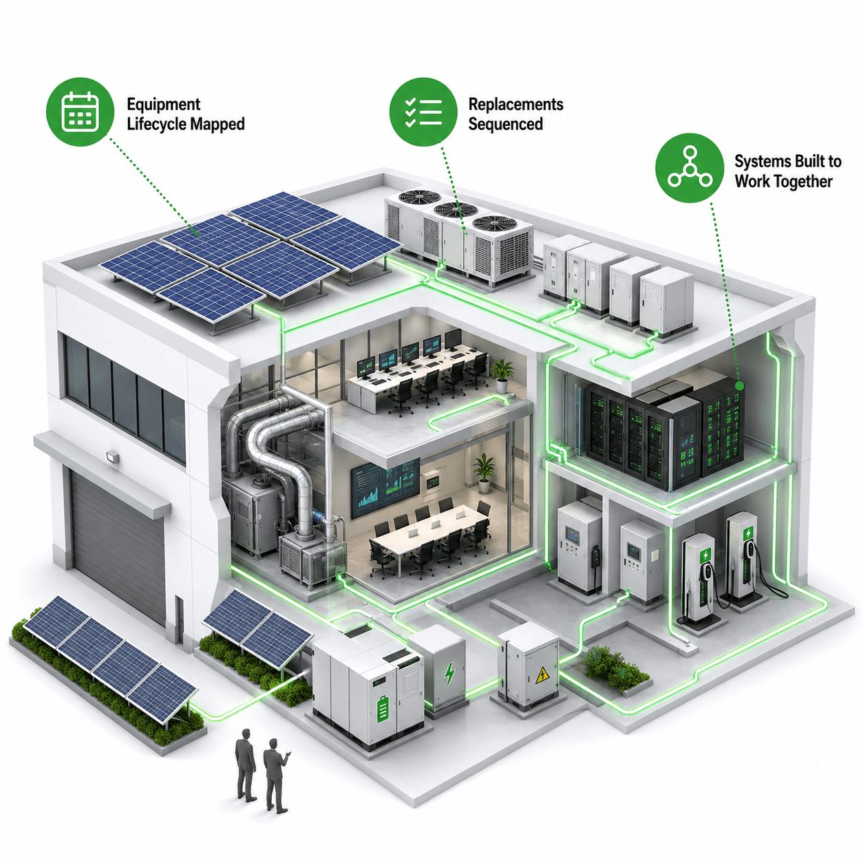 Cutaway building with solar panels, battery storage, EV chargers, HVAC, and servers connected by green lines to showcase integrated energy infrastructure. Icons highlight equipment lifecycle, replacement sequencing, and seamlessly integrated systems. Two figures stand outside.