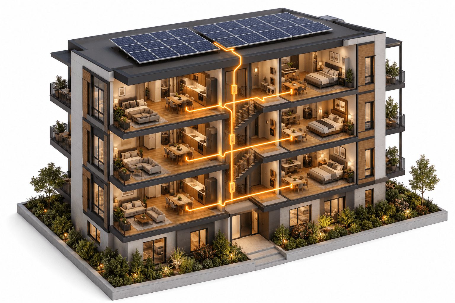 Cutaway of a four-storey apartment building with rooftop solar panels, its lit units linked by glowing orange energy lines.