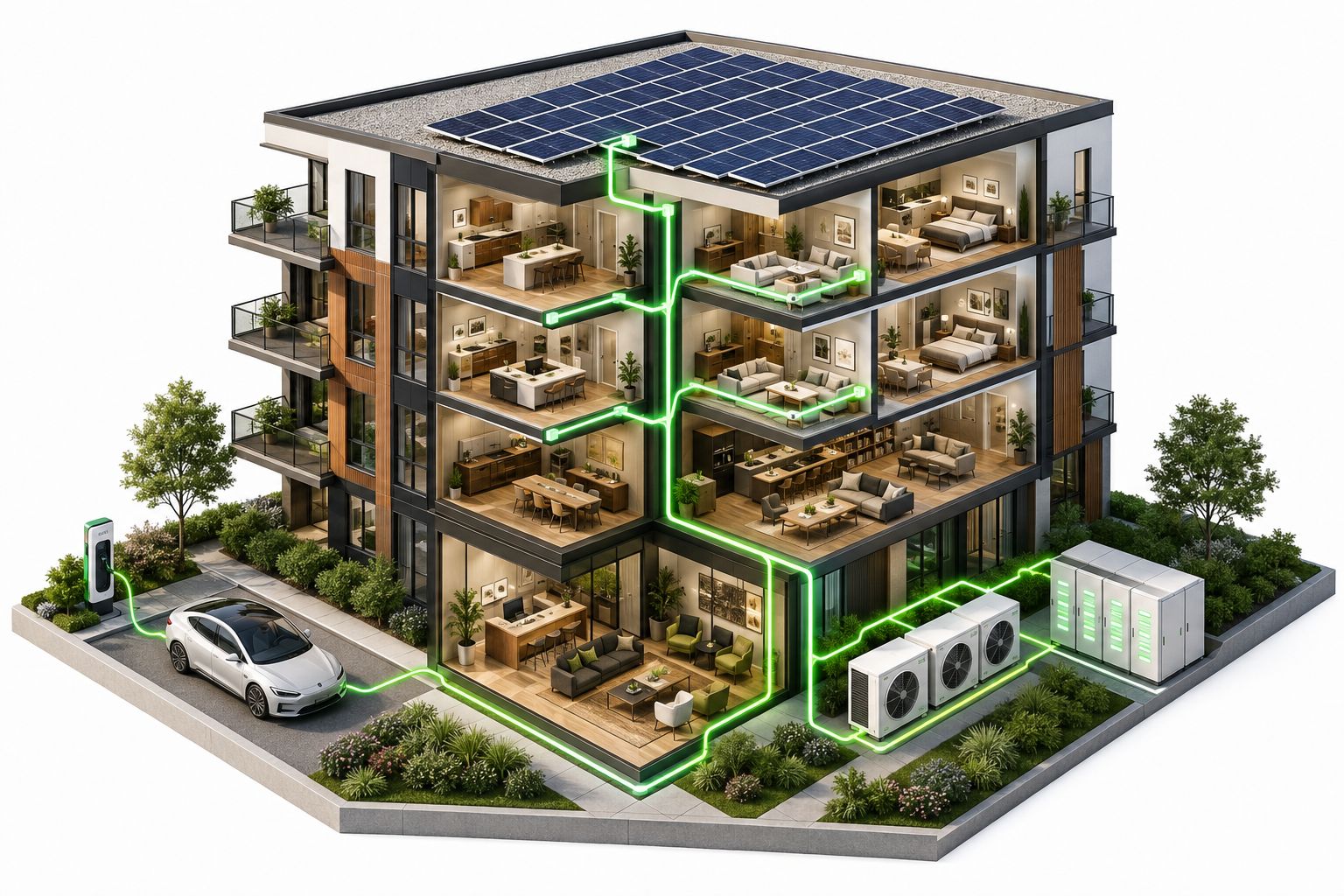 Cutaway of an apartment building with rooftop solar, heat pumps, battery storage and an electric-vehicle charger, connected by green energy lines.