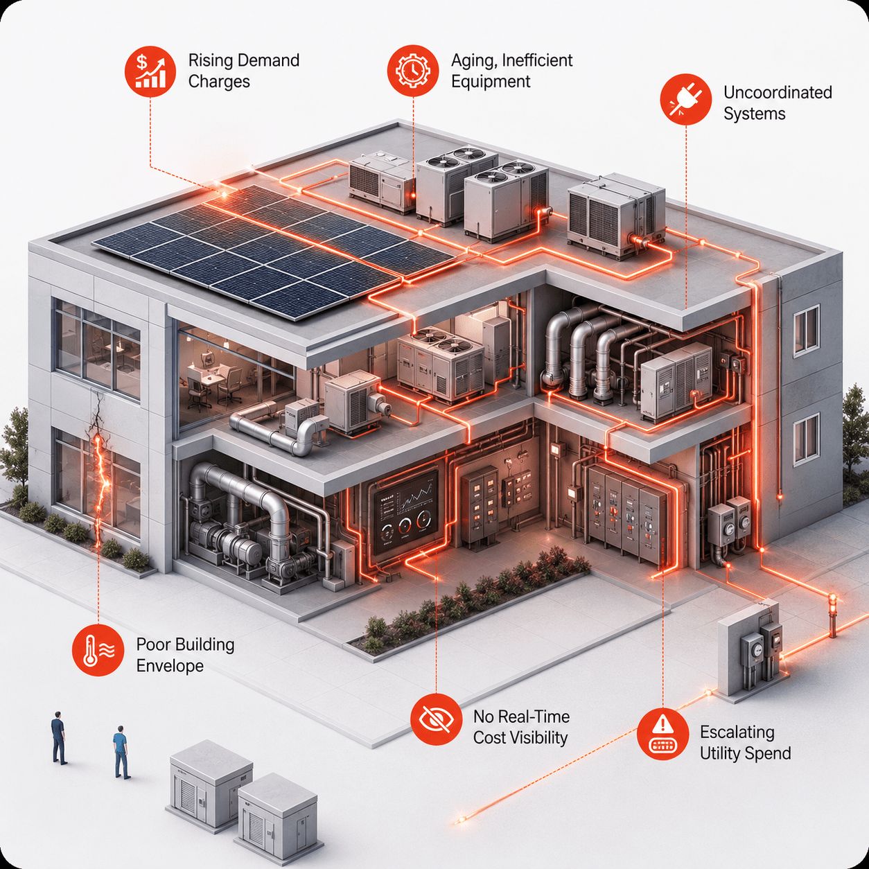 Cutaway of a commercial building showing common commercial problems like rising demand charges, aging equipment, poor envelope, no cost visibility, escalating utility spend, and uncoordinated systems, highlighted by orange lines and icons throughout.