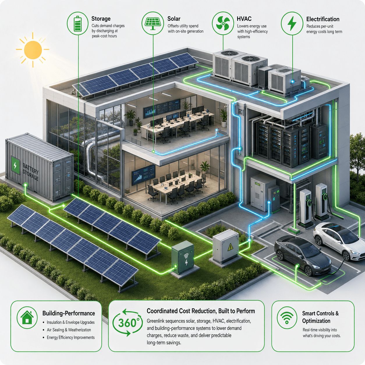 Cutaway commercial building with solar panels, battery storage, electric vehicle charging, and efficient HVAC systems, illustrating coordinated energy management, cost savings, and sustainability features for modern office infrastructure.