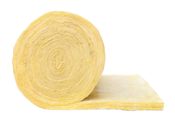 A large roll of yellow fiberglass insulation, partially unrolled on a plain white background, commonly used in industrial facility energy audits in Rockford Illinois.