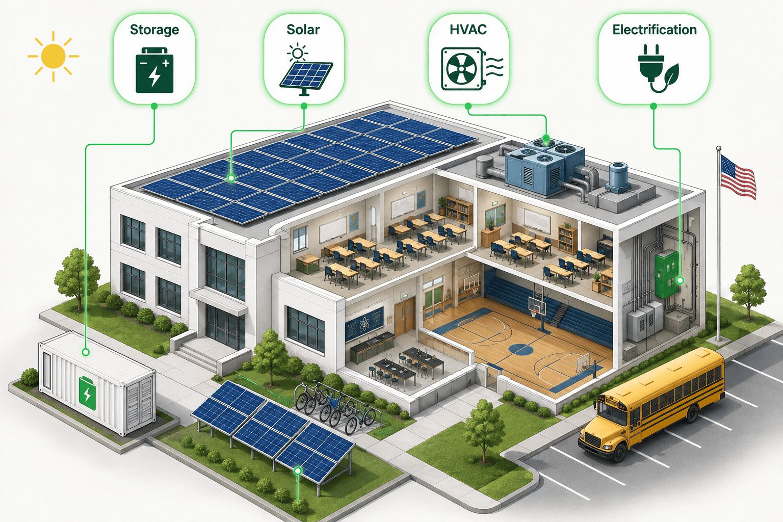 Cutaway of a school building with rooftop solar, battery storage, efficient HVAC and electrification upgrades, each labelled, and a school bus parked outside.