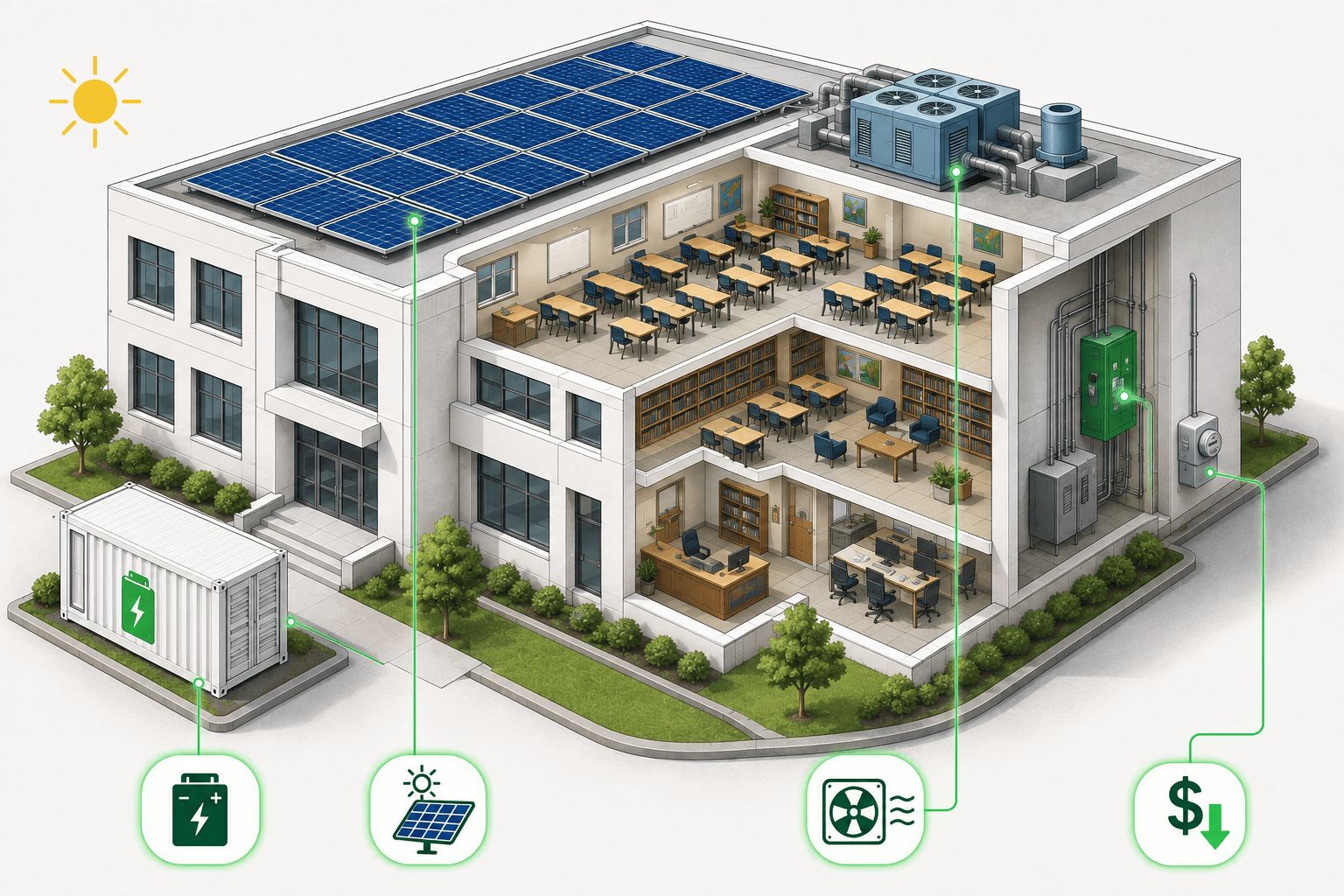Cutaway of a school with classrooms, rooftop solar and battery storage, linked to icons for storage, solar, HVAC and savings.