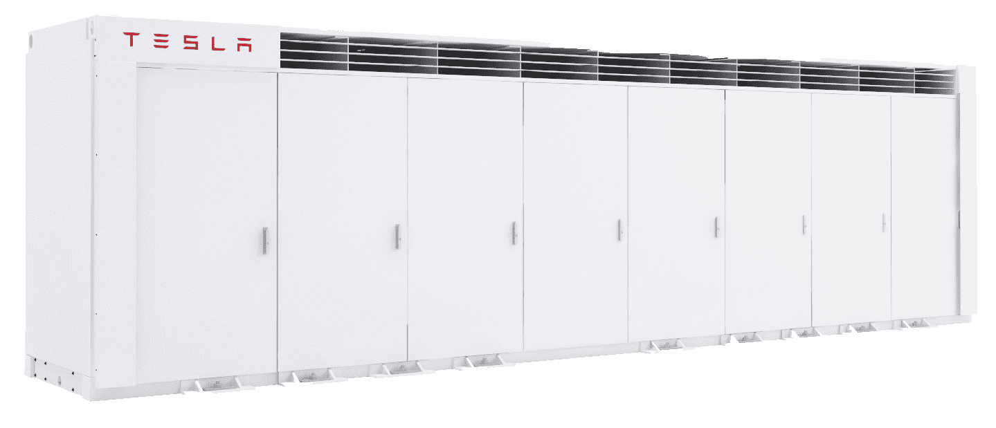 A Tesla Megapack utility-scale battery: a long white cabinet with a row of service doors and cooling vents along the top.