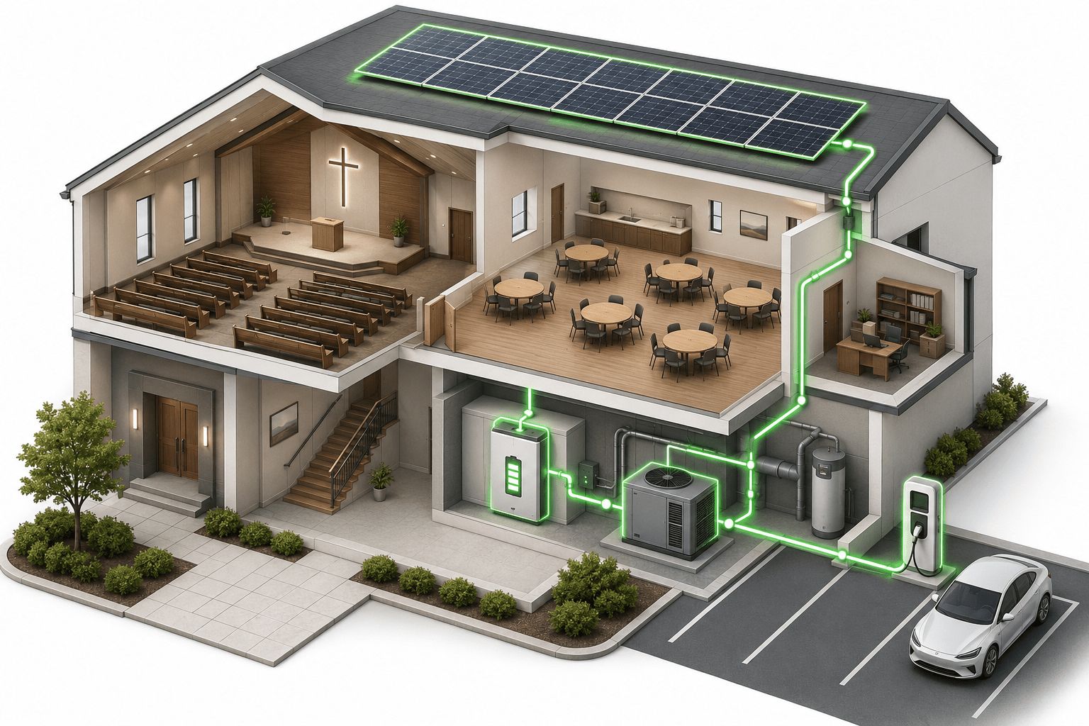 Cutaway of a two-level church whose rooftop solar and battery storage power an electric-vehicle charger in the parking lot.